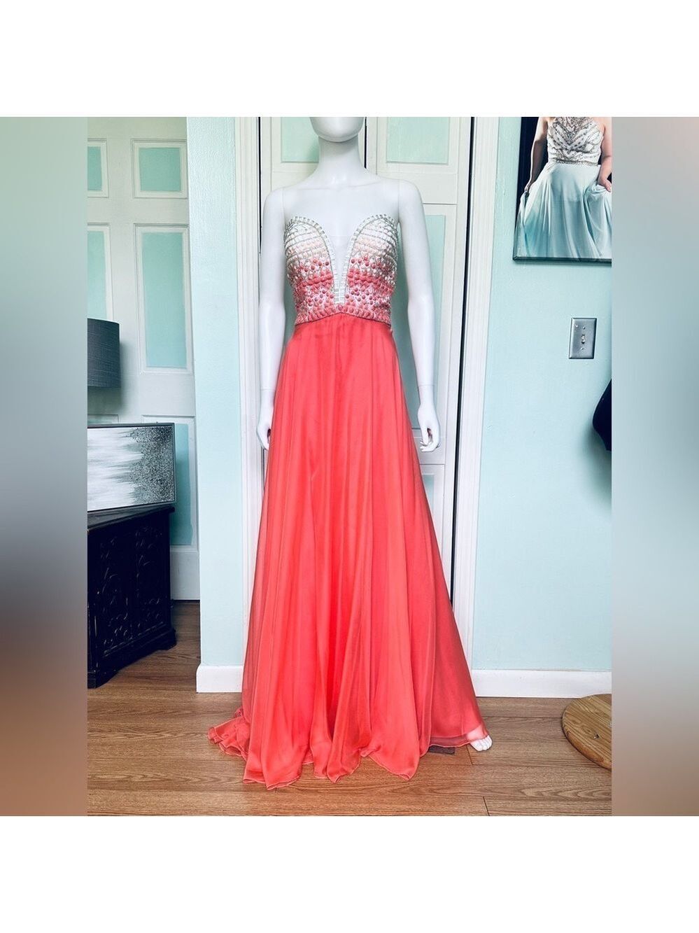 Size 12 Rachel Allan Tangerine Orange Prom Cruise Chiffon Flowy Gown Dress